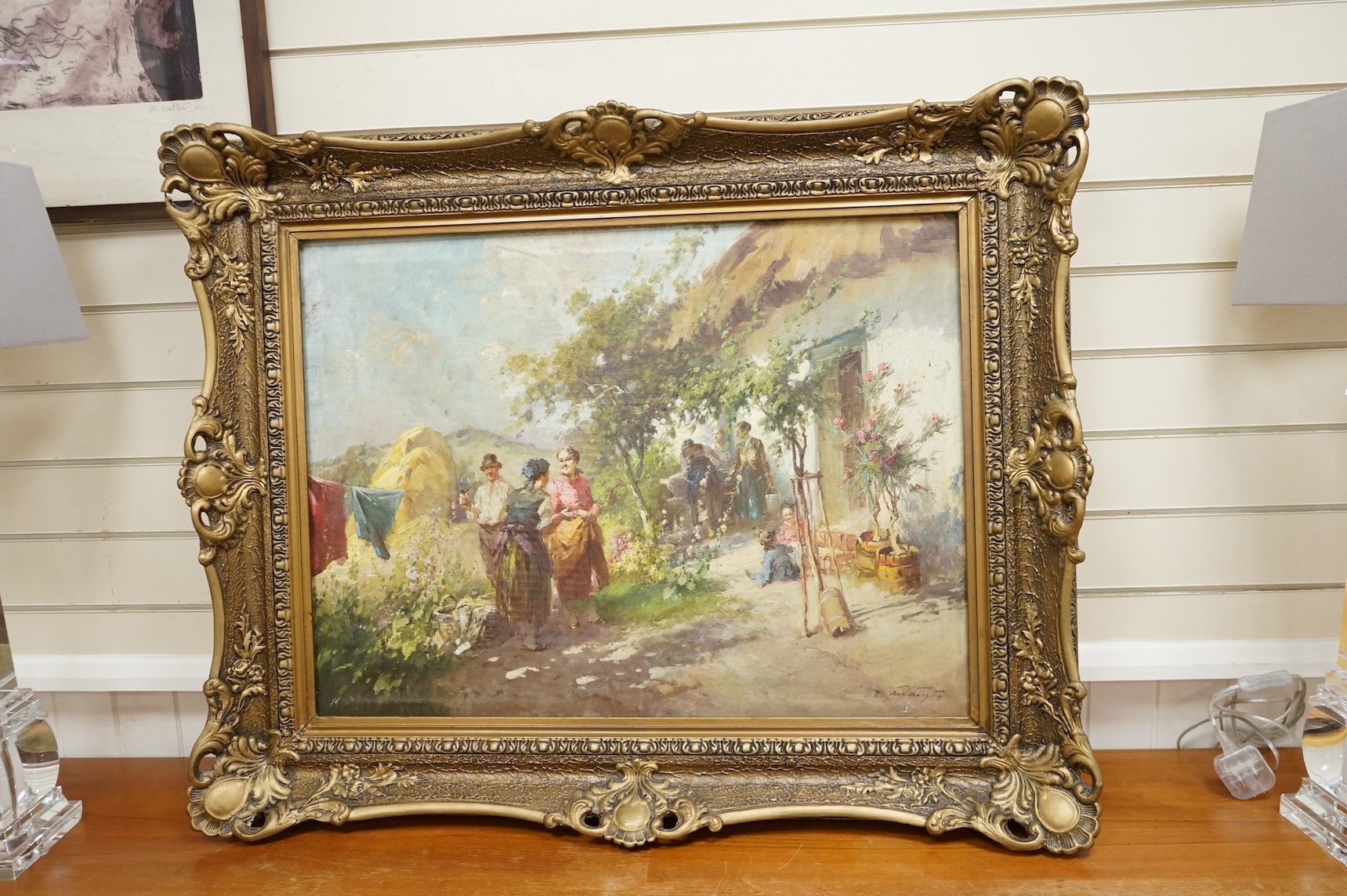 ACS Agoston, Impressionist, oil on canvas, figures before a cottage, signed, ornate gilt framed. 57 x 76cm